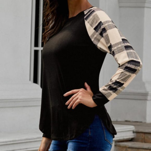 Black Shirt Black & White Plaid Sleeves - Picture 5 of 7